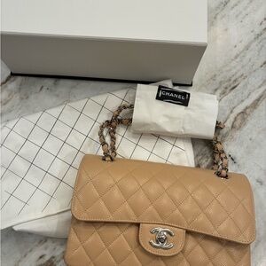 Chanel small classic flap bag in Beige Caviar
